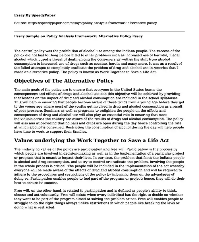 Essay Sample on Policy Analysis Framework: Alternative Policy