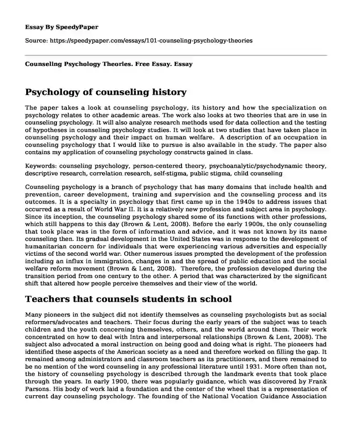 Counseling Psychology Theories. Free Essay.