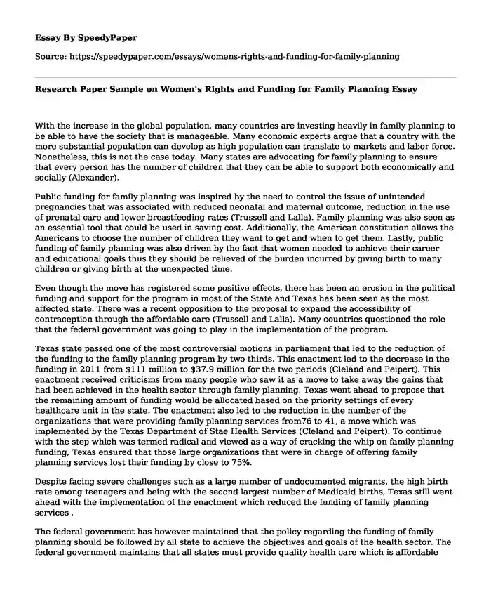Research Paper Sample on Women's Rights and Funding for Family Planning