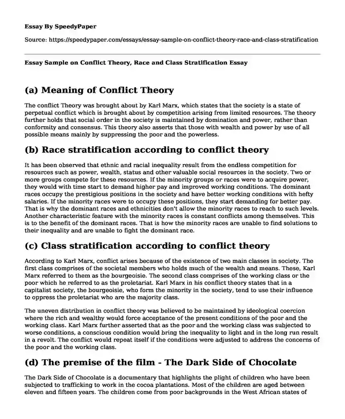 Essay Sample on Conflict Theory, Race and Class Stratification