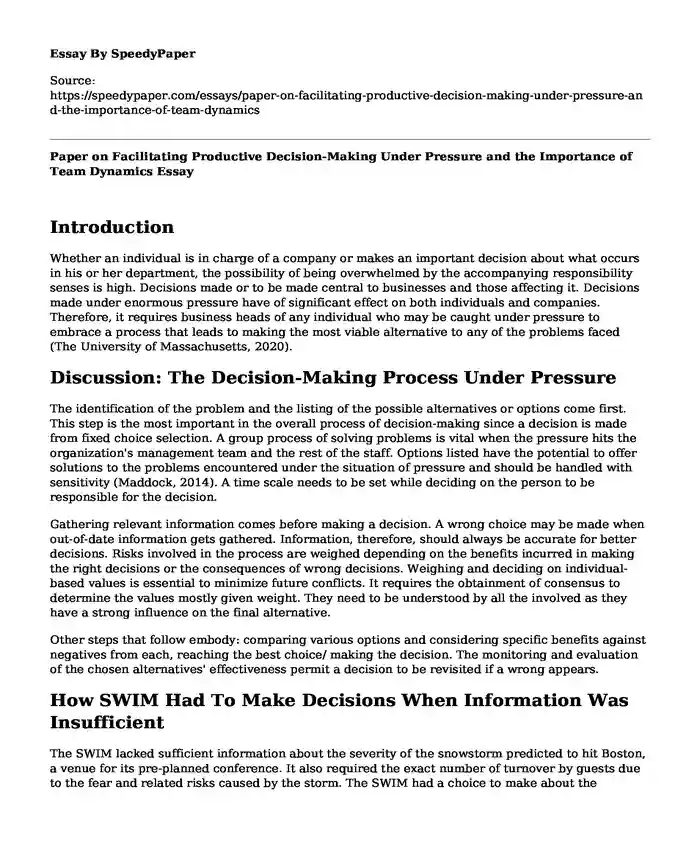 Paper on Facilitating Productive Decision-Making Under Pressure and the Importance of Team Dynamics