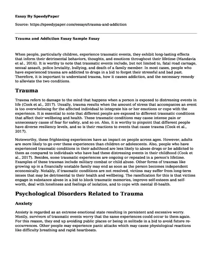 Trauma and Addiction Essay Sample