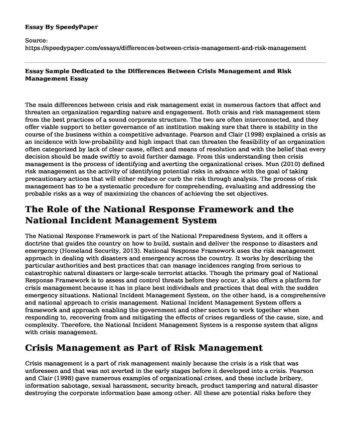 Essay Sample Dedicated to the Differences Between Crisis Management and Risk Management