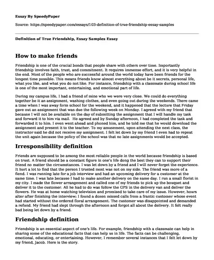 Definition of True Friendship, Essay Samples