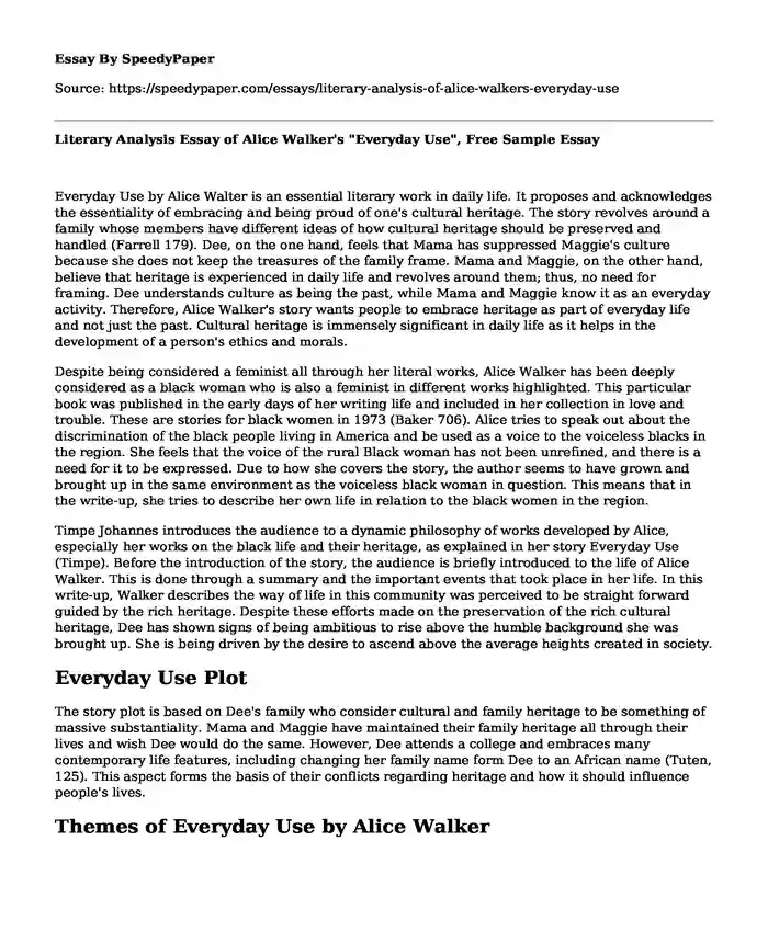 Literary Analysis Essay of Alice Walker's "Everyday Use", Free Sample