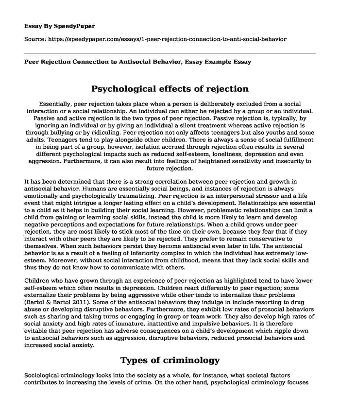Peer Rejection Connection to Antisocial Behavior, Essay Example