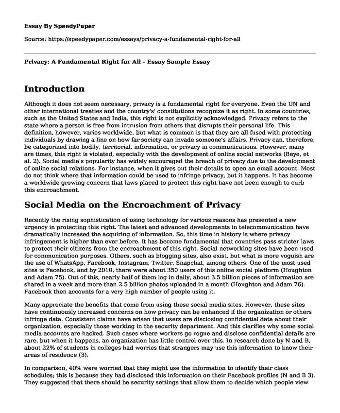 Privacy: A Fundamental Right for All - Essay Sample
