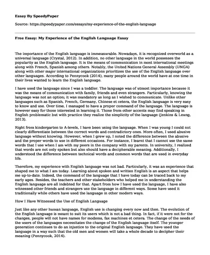 Free Essay: My Experience of the English Language