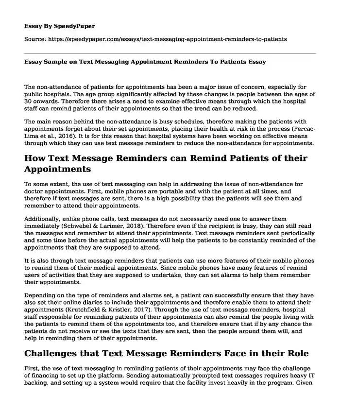 Essay Sample on Text Messaging Appointment Reminders To Patients