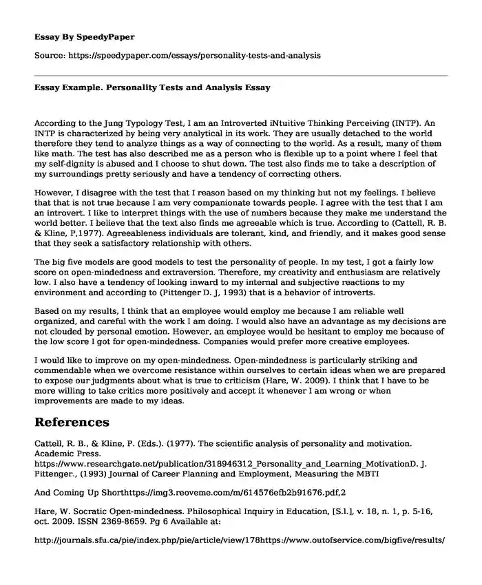 Essay Example. Personality Tests and Analysis