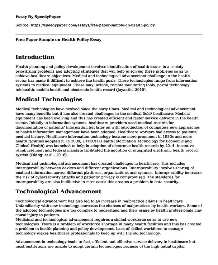 Free Paper Sample on Health Policy