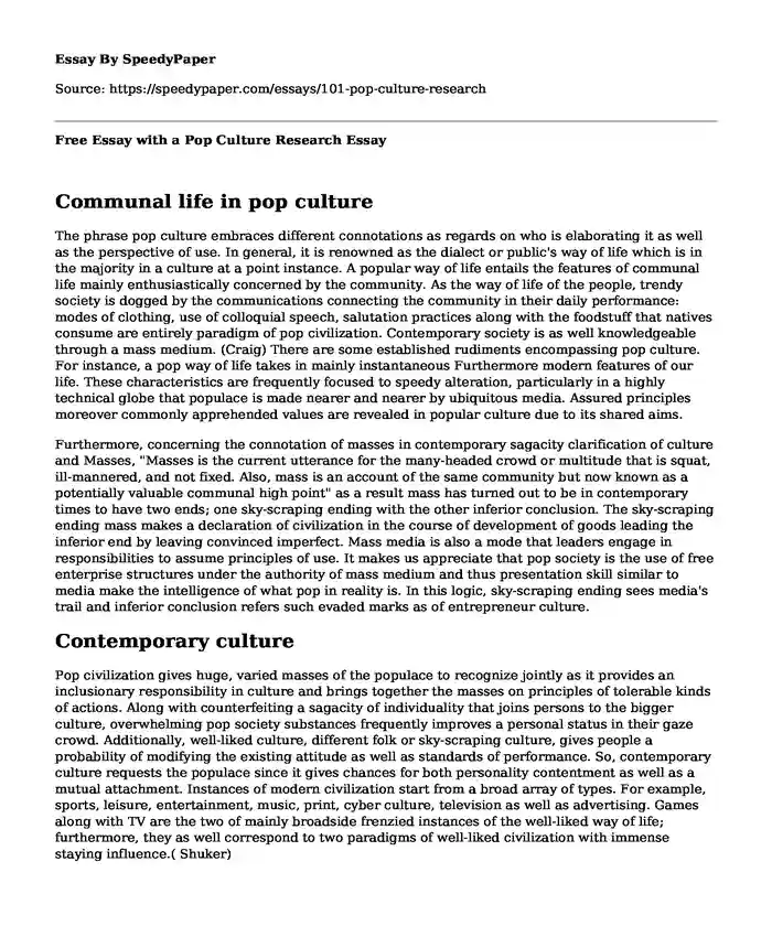 Free Essay with a Pop Culture Research