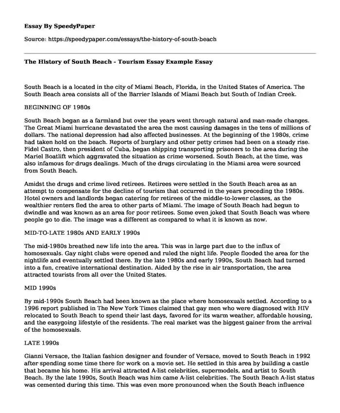 The History of South Beach - Tourism Essay Example