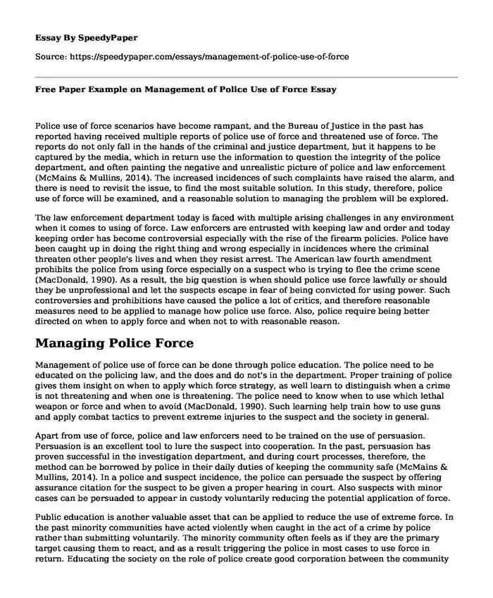 Free Paper Example on Management of Police Use of Force