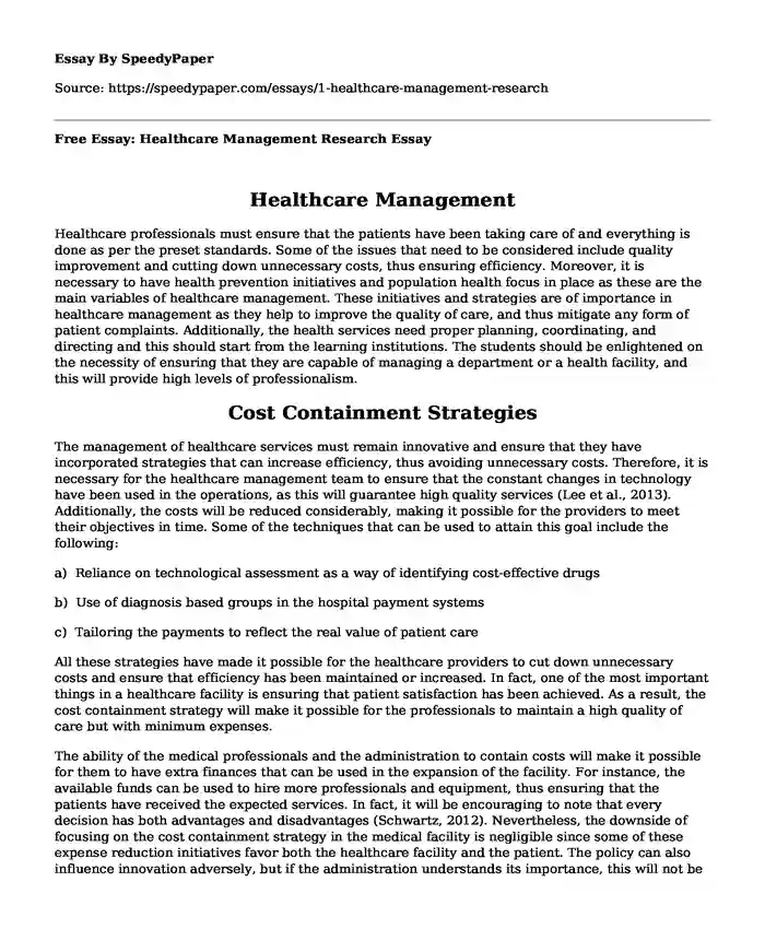 Free Essay: Healthcare Management Research