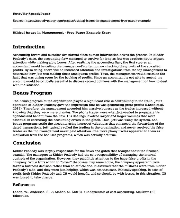 Ethical Issues in Management - Free Paper Example