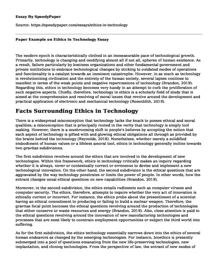 Paper Example on Ethics in Technology