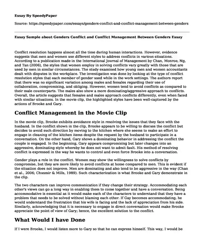 Essay Sample about Genders Conflict and Conflict Management Between Genders