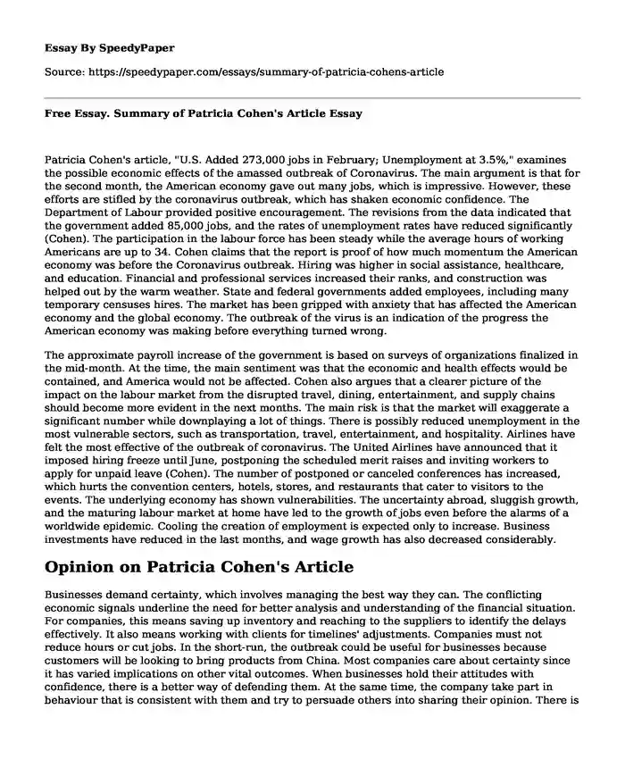Free Essay. Summary of Patricia Cohen's Article