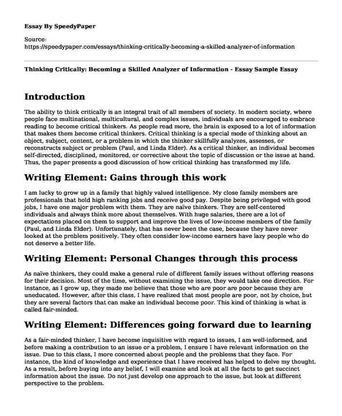 Thinking Critically: Becoming a Skilled Analyzer of Information - Essay Sample