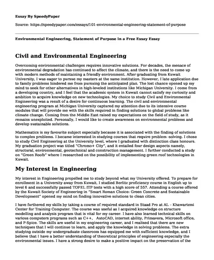 Environmental Engineering, Statement of Purpose in a Free Essay