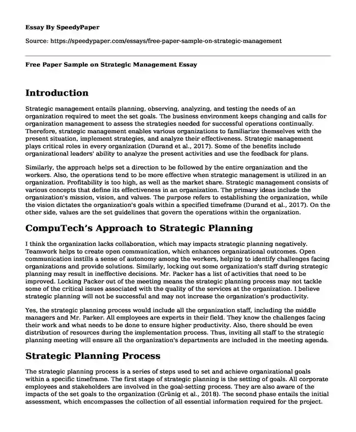 Free Paper Sample on Strategic Management