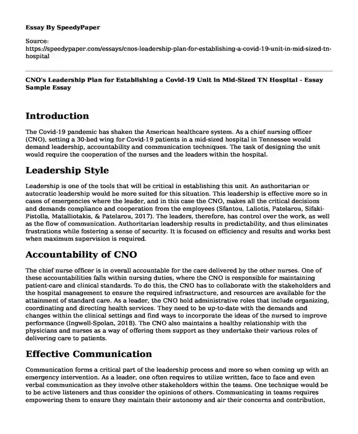 CNO's Leadership Plan for Establishing a Covid-19 Unit in Mid-Sized TN Hospital - Essay Sample