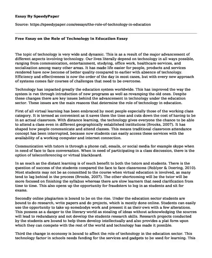 Free Essay on the Role of Technology in Education