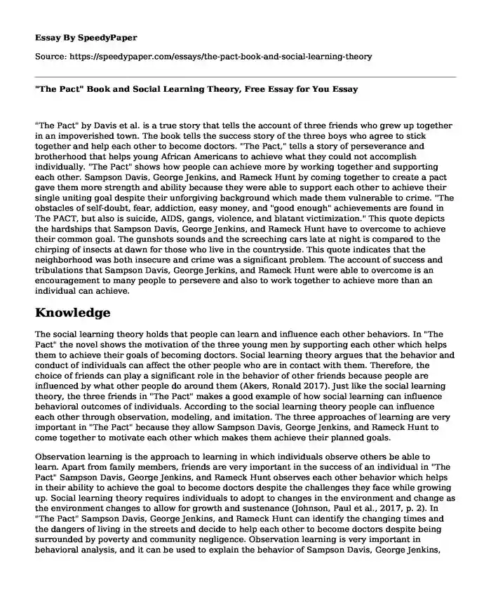 "The Pact" Book and Social Learning Theory, Free Essay for You