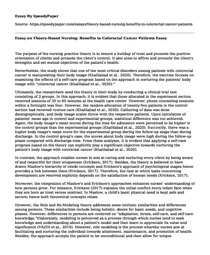 Essay on Theory-Based Nursing: Benefits to Colorectal Cancer Patients