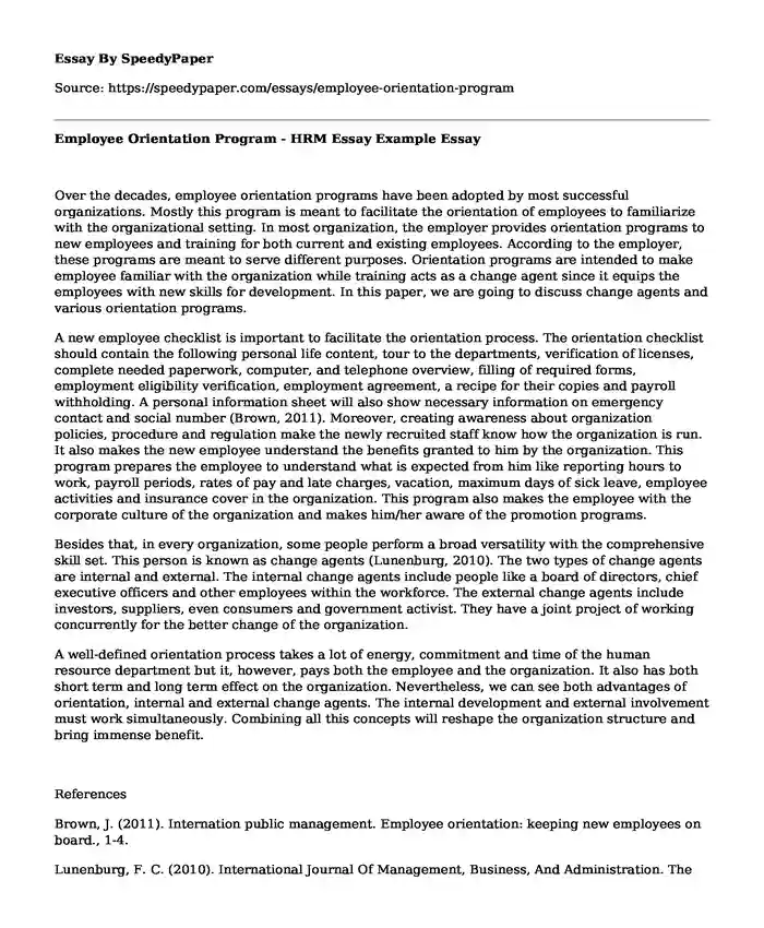 Employee Orientation Program - HRM Essay Example