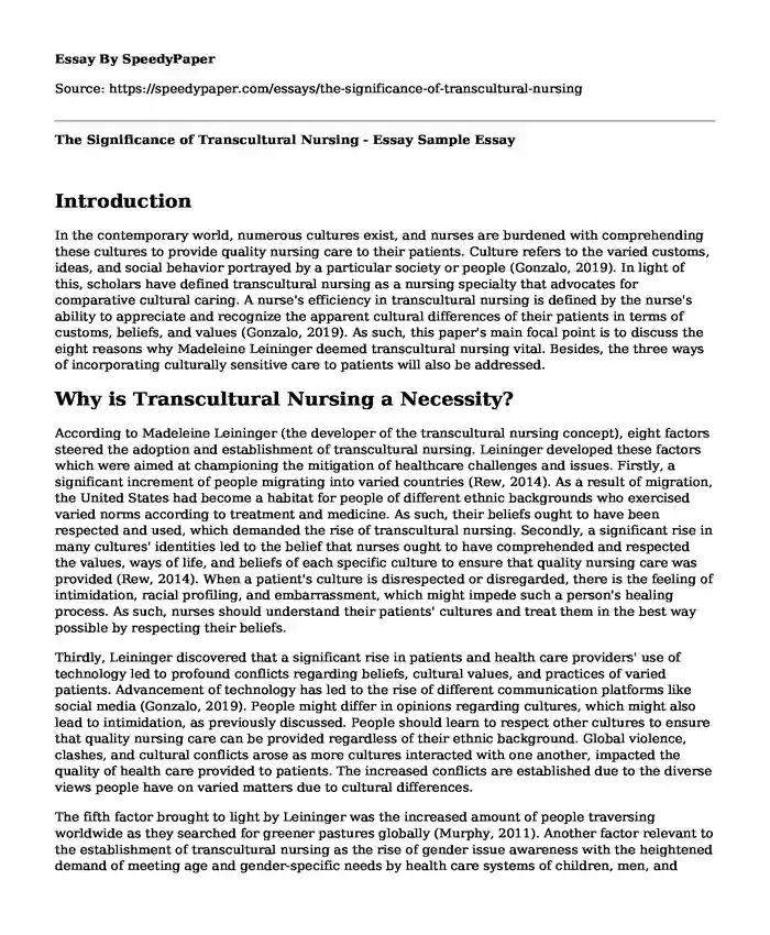 The Significance of Transcultural Nursing - Essay Sample