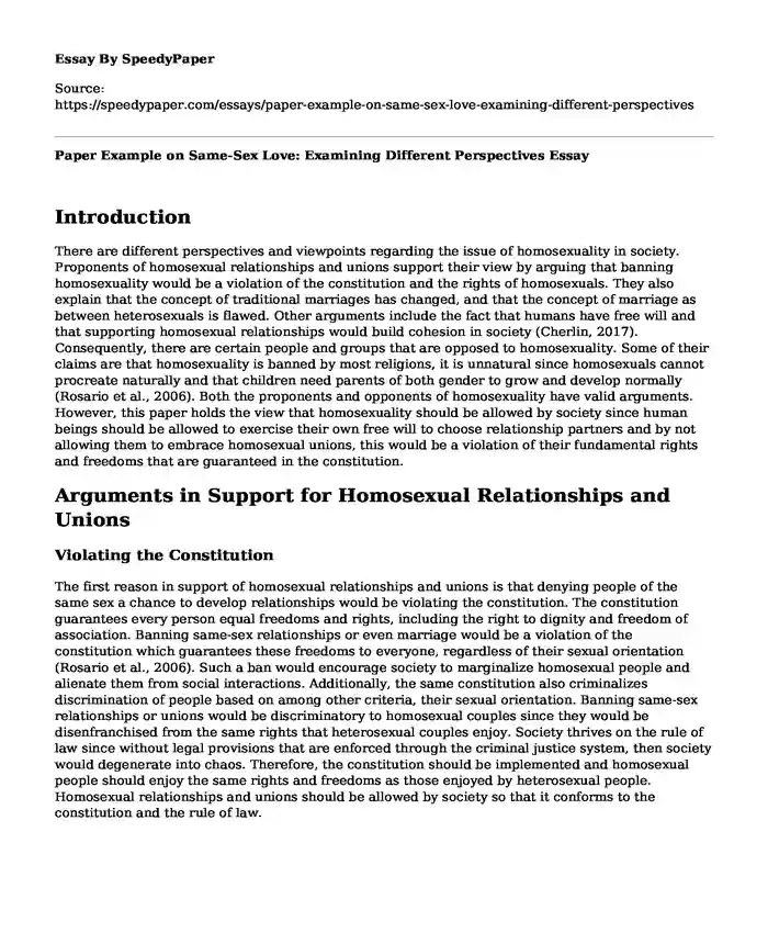 Paper Example on Same-Sex Love: Examining Different Perspectives