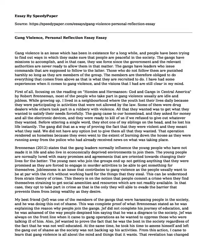 Gang Violence, Personal Reflection Essay