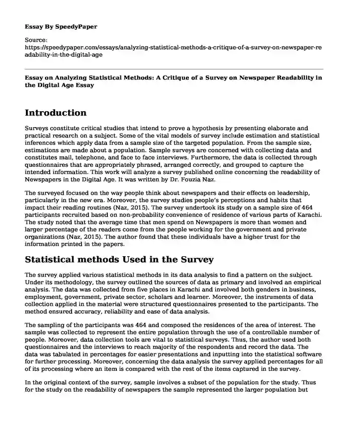 Essay on Analyzing Statistical Methods: A Critique of a Survey on Newspaper Readability in the Digital Age