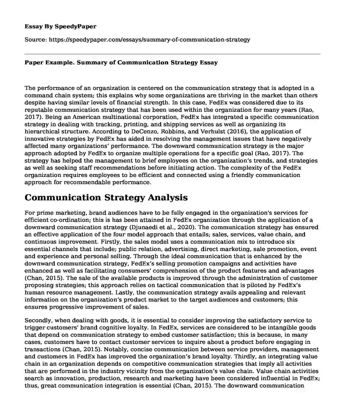 Paper Example. Summary of Communication Strategy