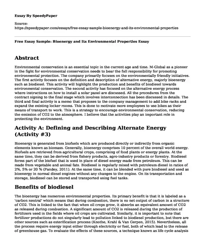 Free Essay Sample: Bioenergy and Its Environmental Properties