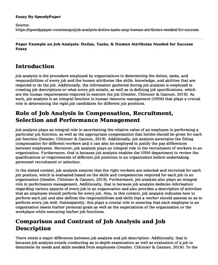 Paper Example on Job Analysis: Duties, Tasks, & Human Attributes Needed for Success