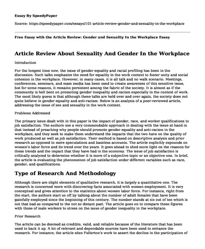 Free Essay with the Article Review: Gender and Sexuality In the Workplace
