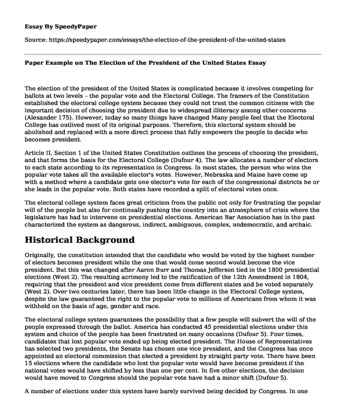 Paper Example on The Election of the President of the United States
