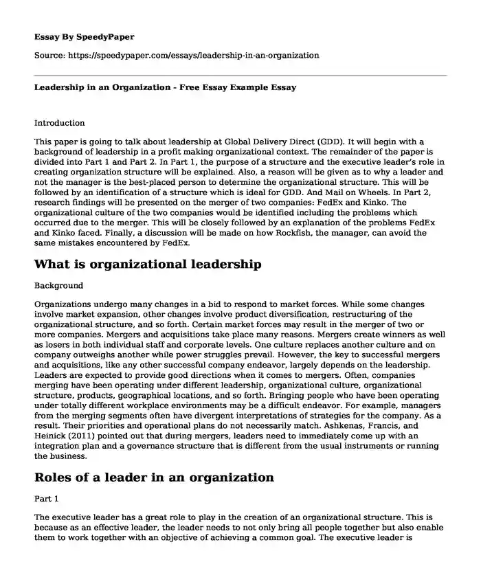 Leadership in an Organization - Free Essay Example