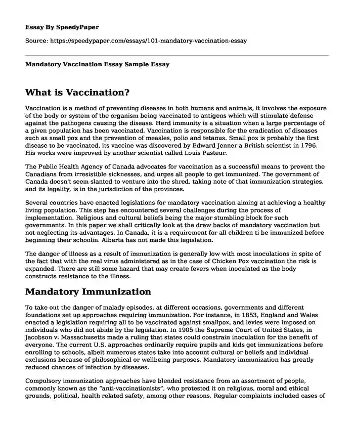 Mandatory Vaccination Essay Sample