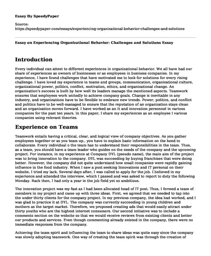 Essay on Experiencing Organizational Behavior: Challenges and Solutions