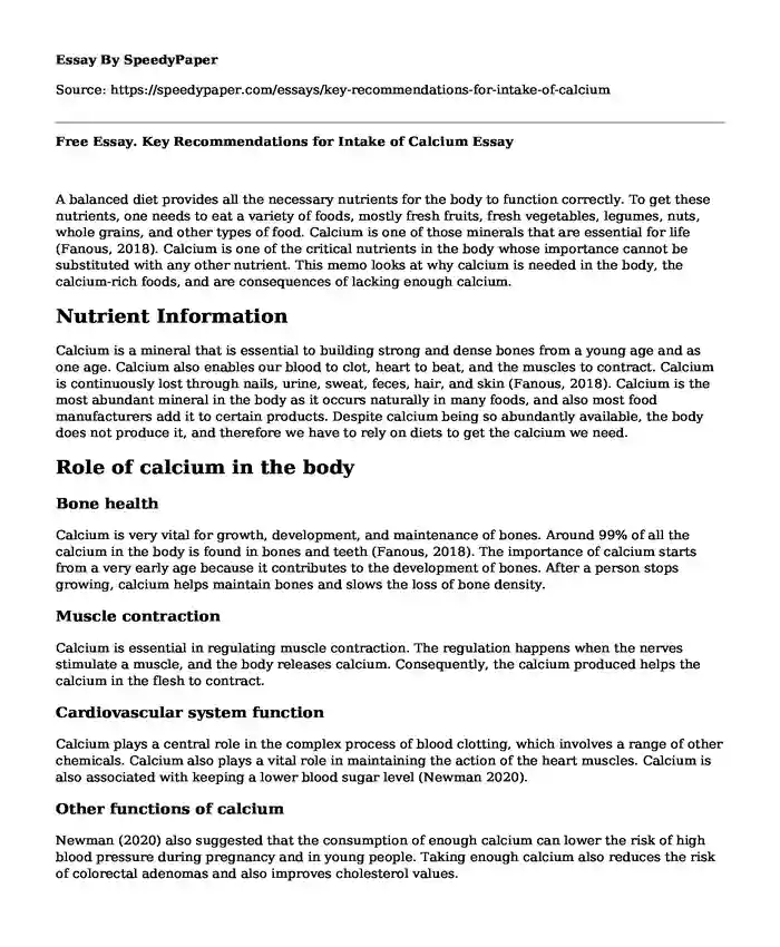 Free Essay. Key Recommendations for Intake of Calcium