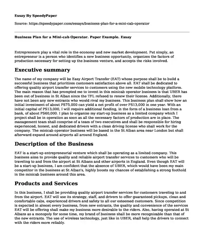 Business Plan for a Mini-cab Operator. Paper Example.