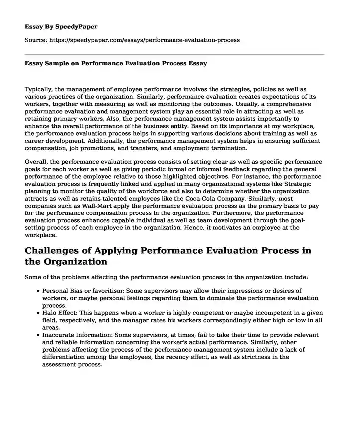Essay Sample on Performance Evaluation Process