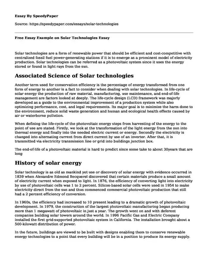 Free Essay Example on Solar Technologies