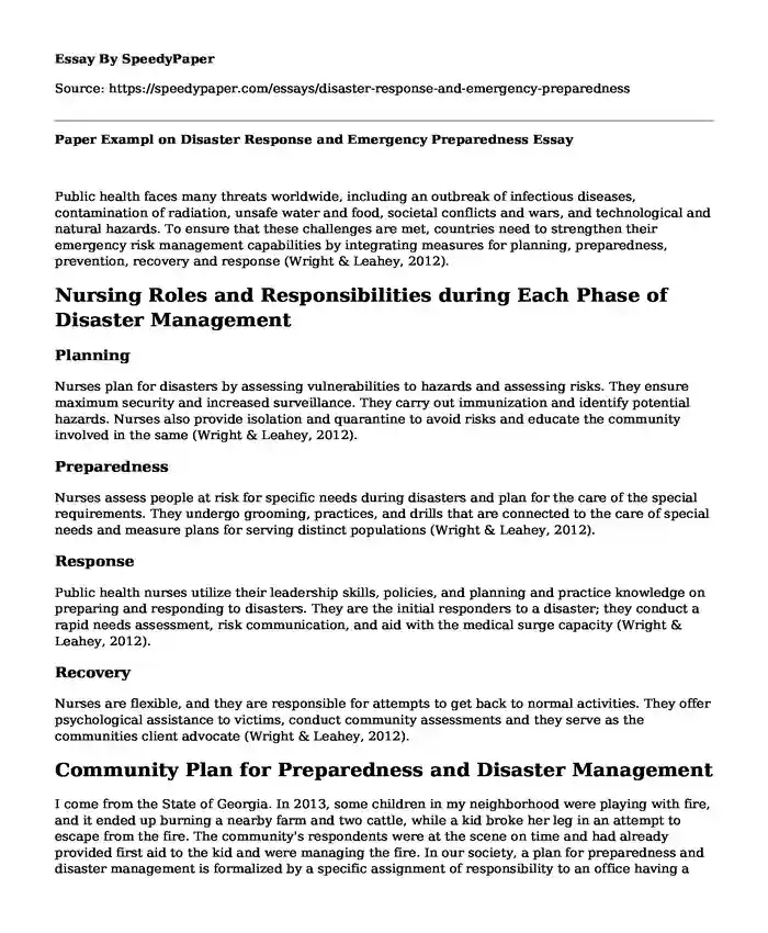 Paper Exampl on Disaster Response and Emergency Preparedness