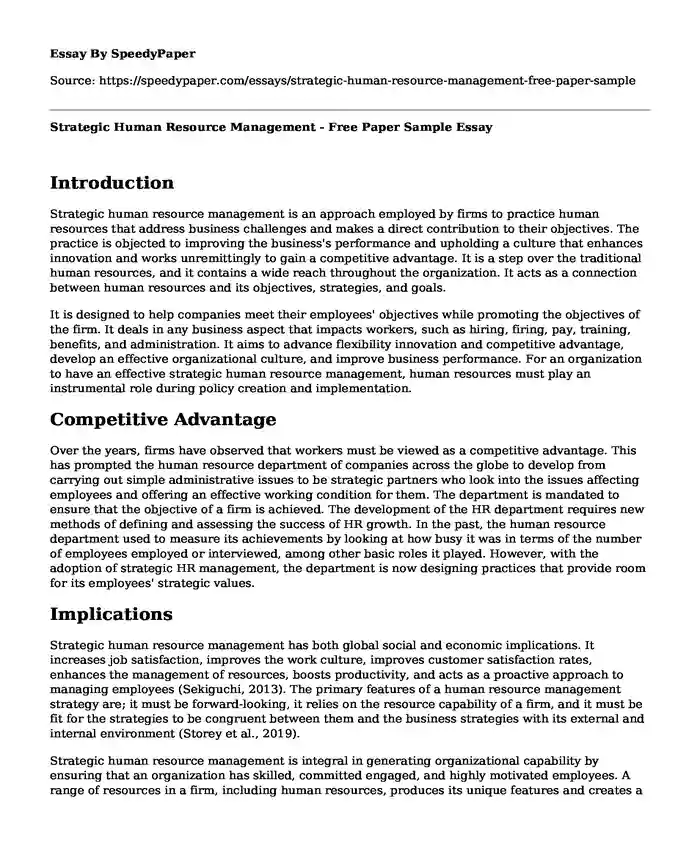 Strategic Human Resource Management - Free Paper Sample