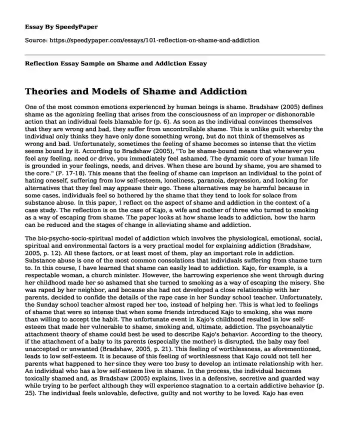 Reflection Essay Sample on Shame and Addiction